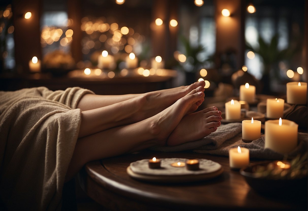 A person's feet being pampered with a relaxing massage in a luxurious setting, with promotional signs and offers displayed prominently