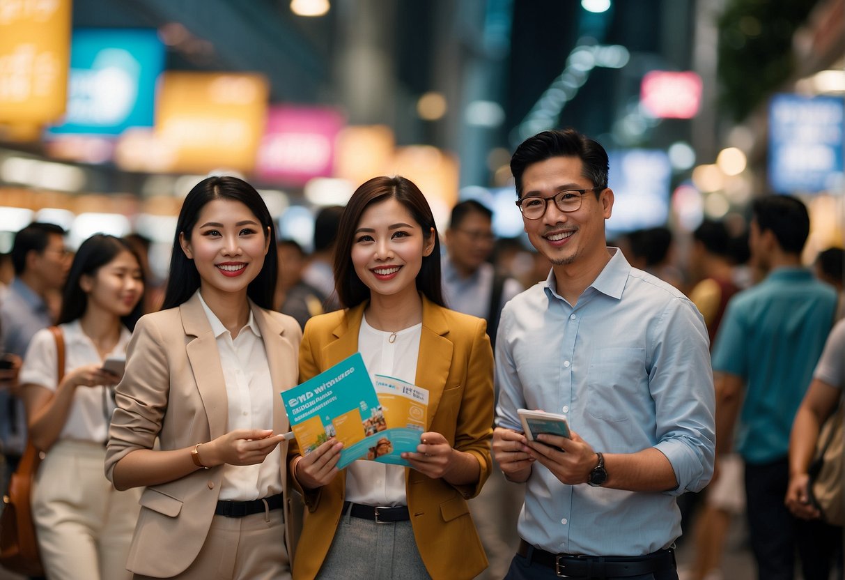 A group of people in Singapore receiving promotional materials from FWD Insurance, with colorful banners and a lively atmosphere