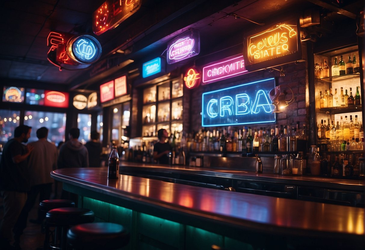 Colorful bar with neon signs, crowded with people enjoying drinks. Promotional banners and signs display enticing offers. Music and chatter fill the air