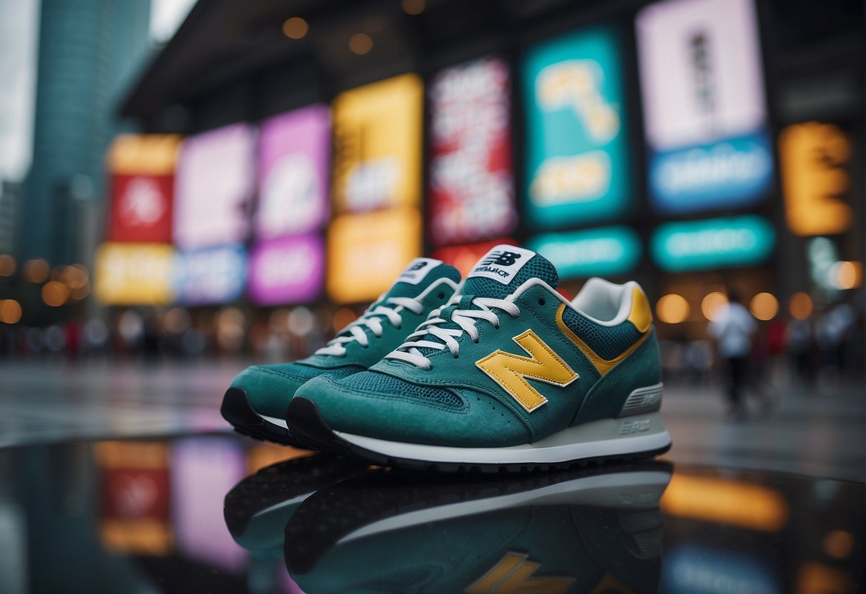 A vibrant display of New Balance sneakers and apparel, with eye-catching promotional signs, set against the backdrop of iconic Singapore landmarks