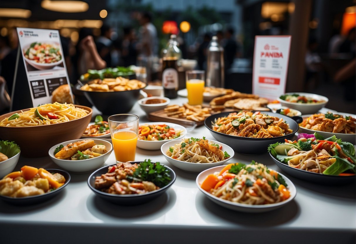 A table filled with various dishes, surrounded by banners and posters promoting Food Panda promotions in Singapore