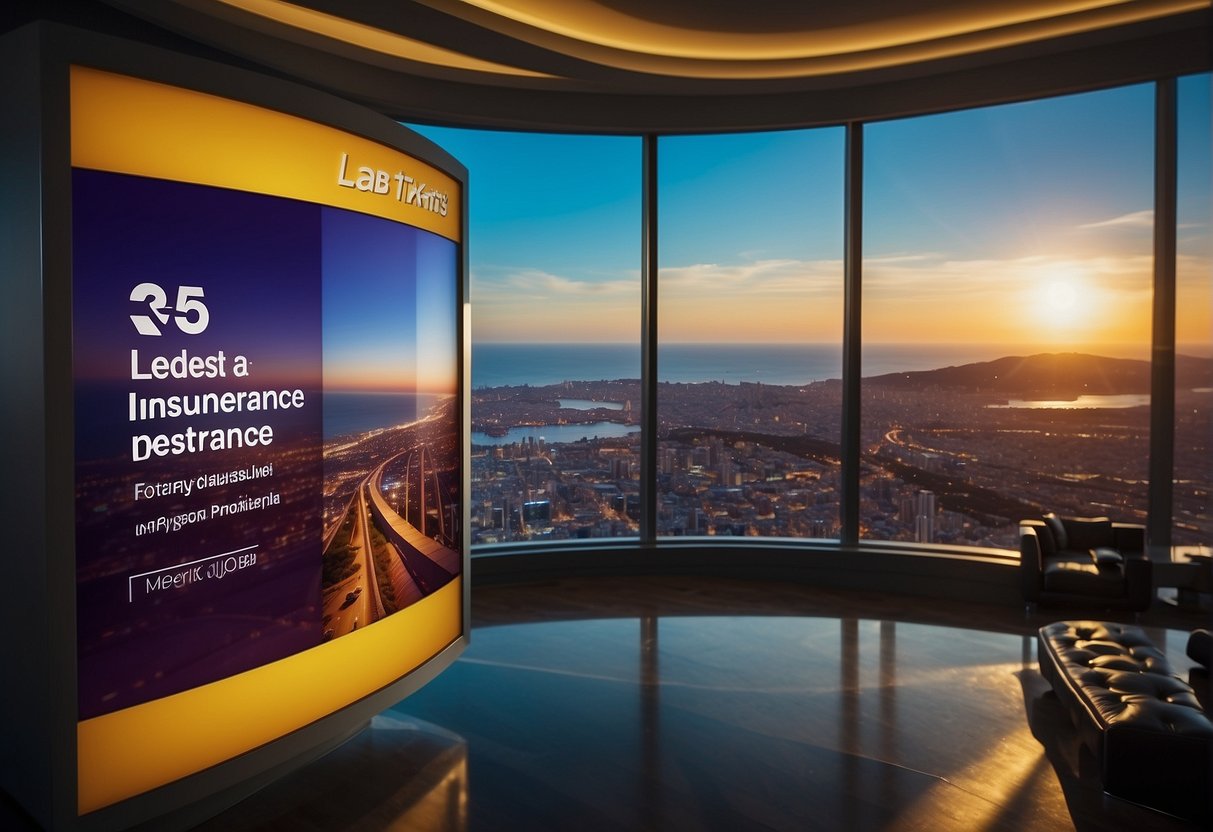 A vibrant display of travel destinations with bold text "Latest Offers on Travel Insurance" and the logo of the insurance company