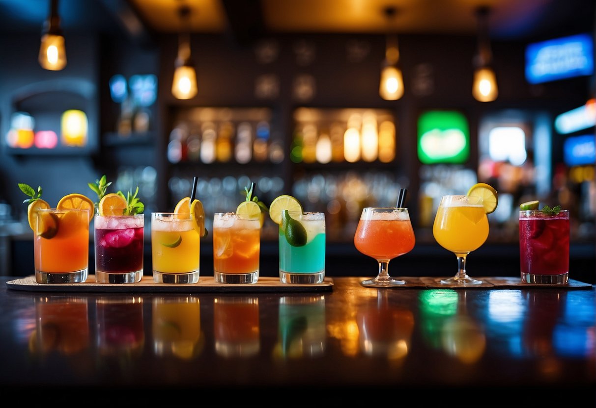 A vibrant bar scene with colorful cocktails, lively atmosphere, and prominent signage advertising unbeatable happy hour deals at Sque