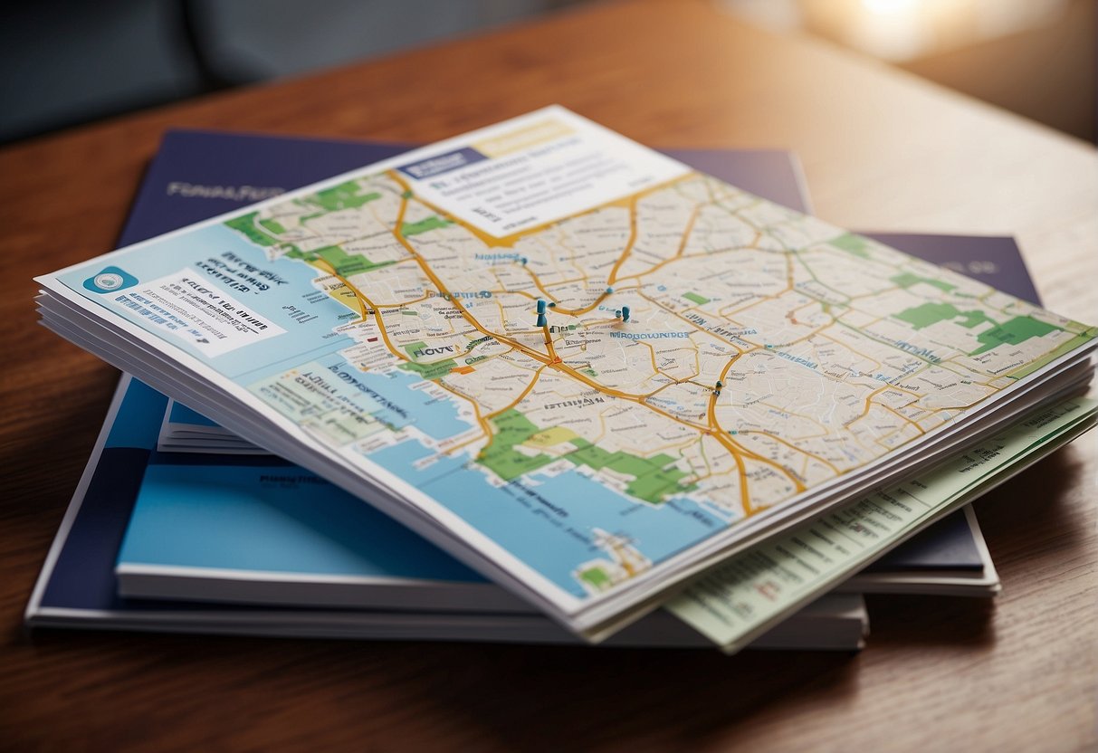 A stack of promotional materials with the words "Frequently Asked Questions" on a table, surrounded by the logo of fwd insurance and a map of Singapore