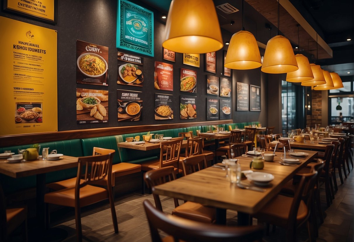 A vibrant restaurant interior with colorful promotional posters and banners showcasing various curry dishes. Customers enjoy their meals at tables while staff members bustle about