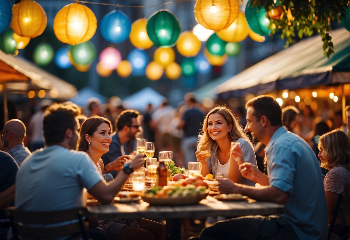 A colorful food festival with banners and signs promoting discounts and special offers. People happily eating and chatting at outdoor tables
