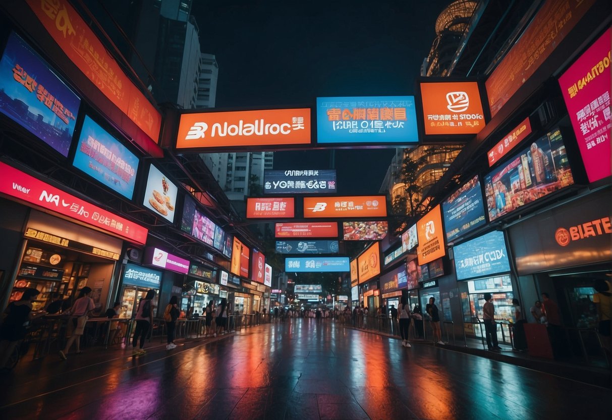 A vibrant cityscape with neon signs and billboards advertising "Spectacular Promotions in 2024" for New Balance in Singapore
