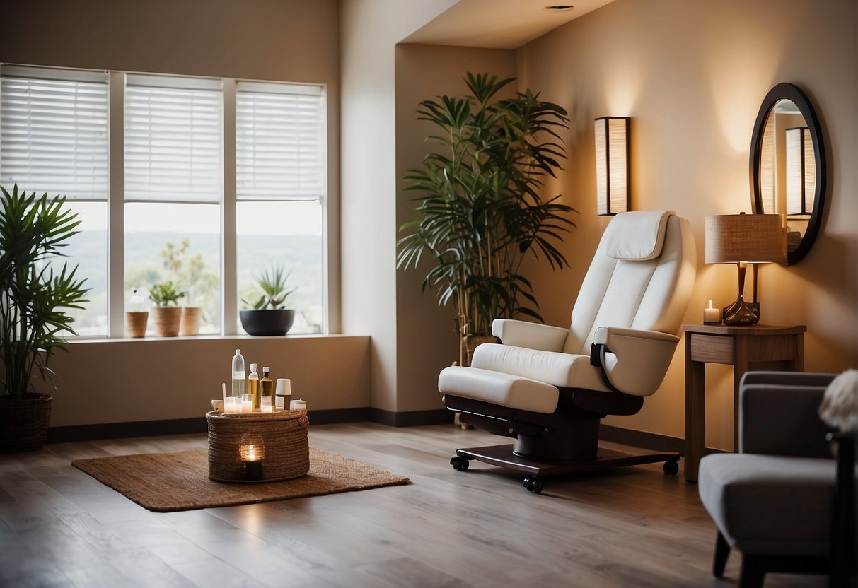 A serene spa room with a cozy massage chair, soft ambient lighting, and a soothing foot bath station. A display of essential oils and wellness packages adds to the inviting atmosphere