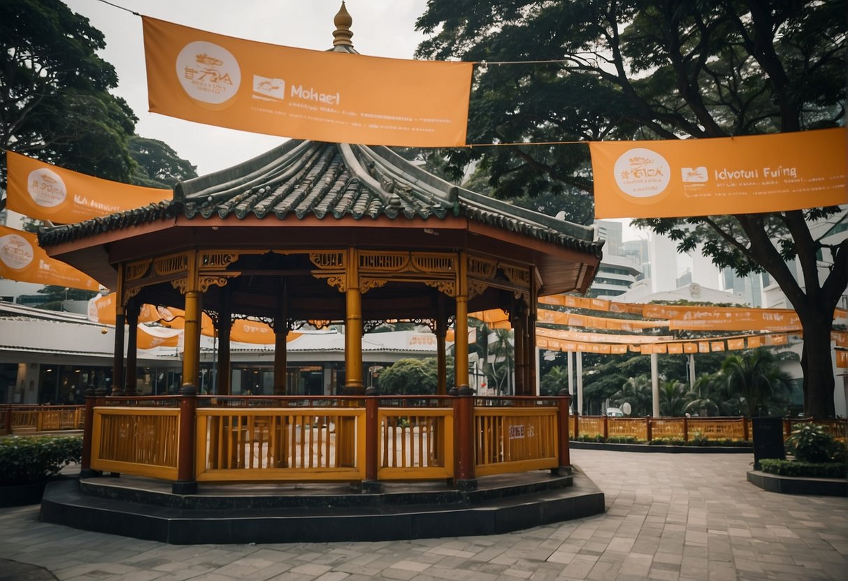 A gazebo adorned with colorful promotional banners in the bustling city of Singapore