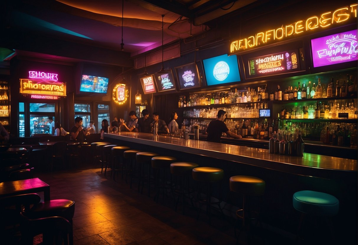 Colorful bar interior with neon signs, crowded with happy patrons. Bartenders serving drinks, while a DJ plays music. Signs advertise "Midweek Madness" and "Exclusive Discounts" for Chupitos bar promotions in Singapore
