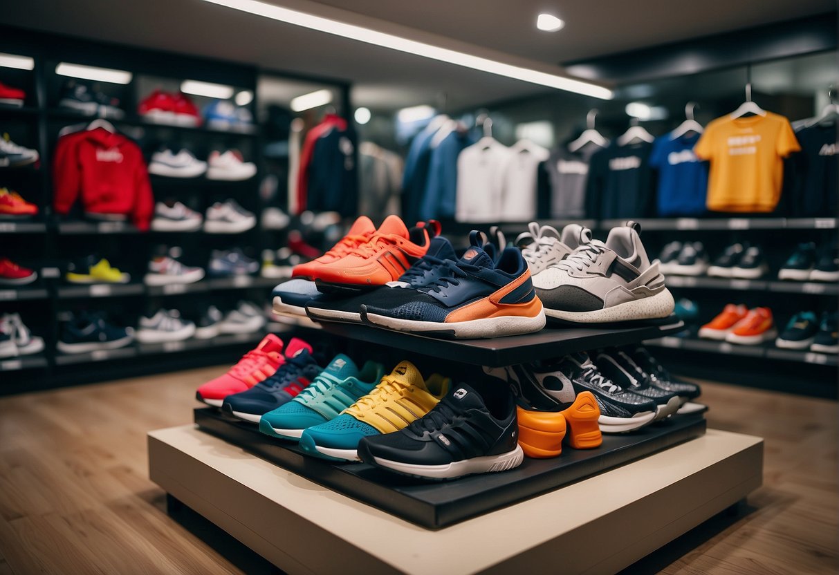 Athletic shoes and clothing displayed with sale signs in a Singapore store