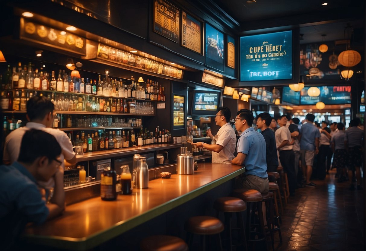 A busy bar in Singapore with vibrant promotional signs and a bustling crowd enjoying the special offers