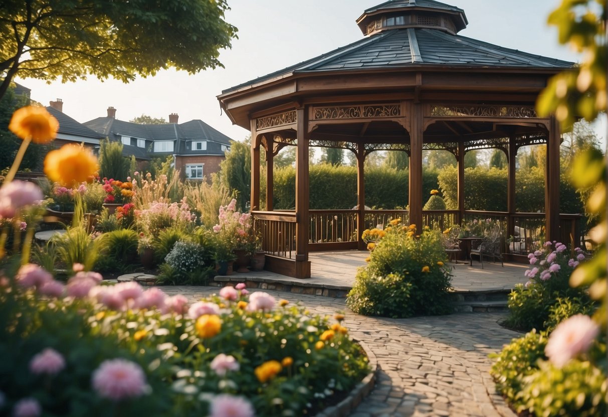 A vibrant garden with blooming flowers and a newly constructed gazebo, surrounded by upgraded terraces and decorative features