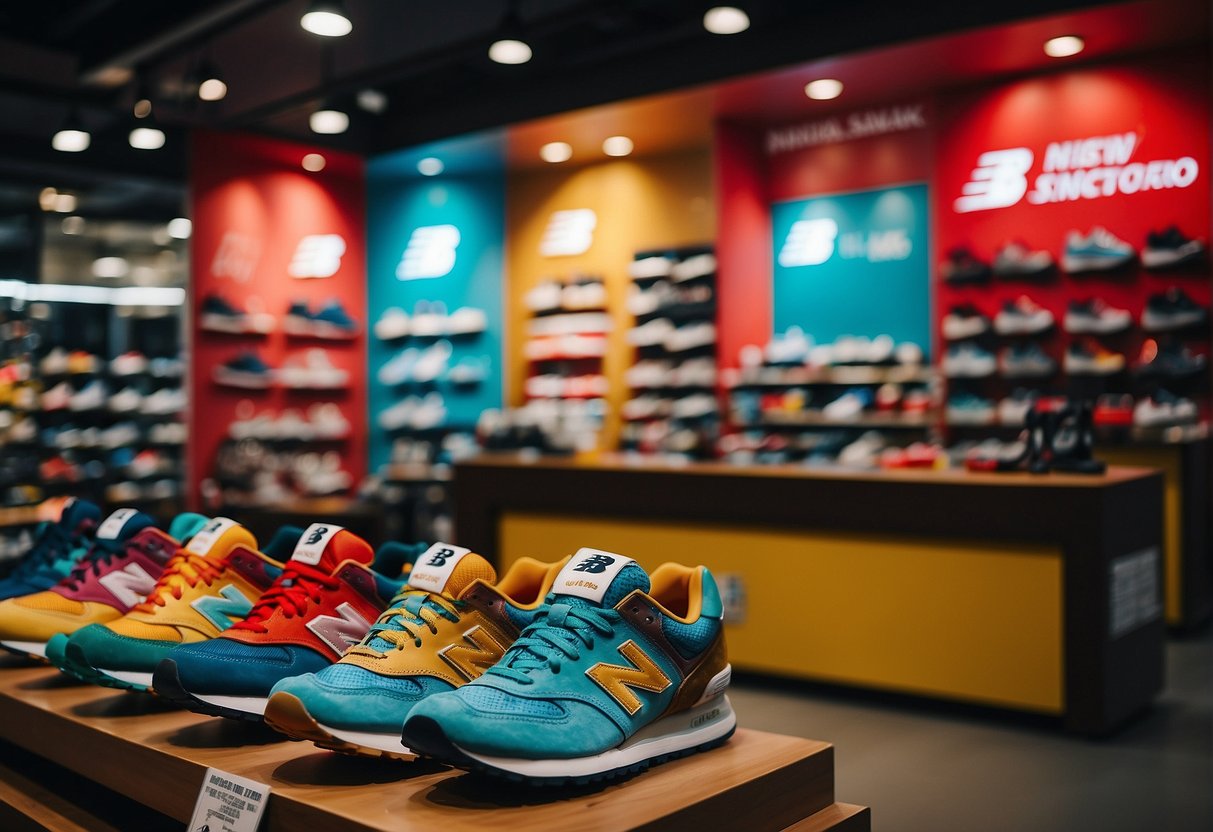 A vibrant display of New Balance products with promotional signs and logos in a bustling Singapore store