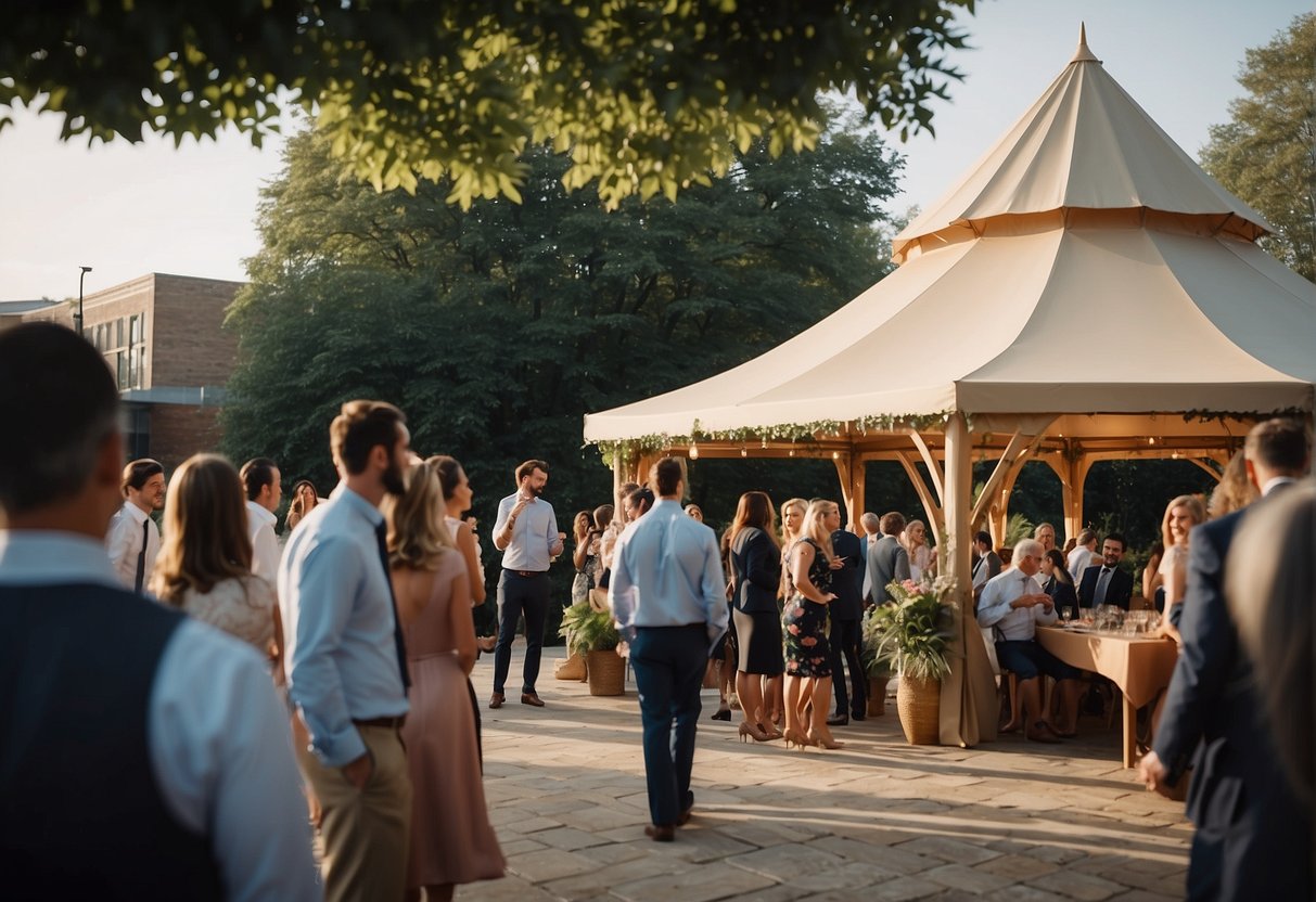 A corporate event with a branded gazebo in a social setting
