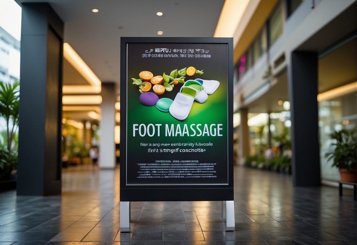A sign promoting foot massage deals in Singapore, with colorful graphics and text, displayed outside a spa or wellness center