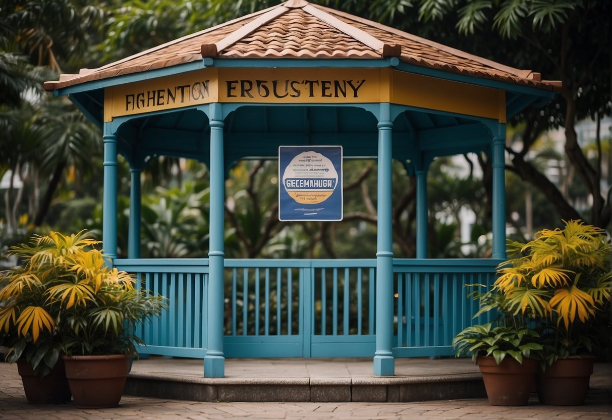 A colorful gazebo with a "Frequently Asked Questions" sign in Singapore, surrounded by promotional materials