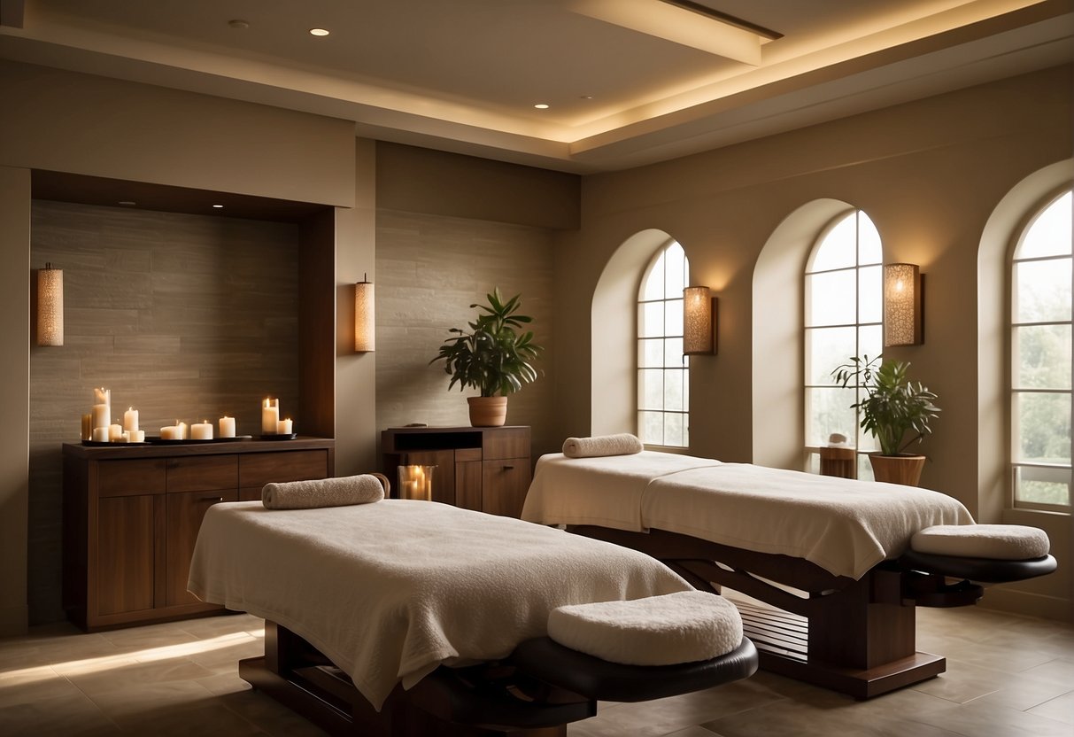 A serene spa setting with soft lighting, comfortable massage tables, and soothing background music. A sign advertises "Full Body Massage Promotions" in elegant script