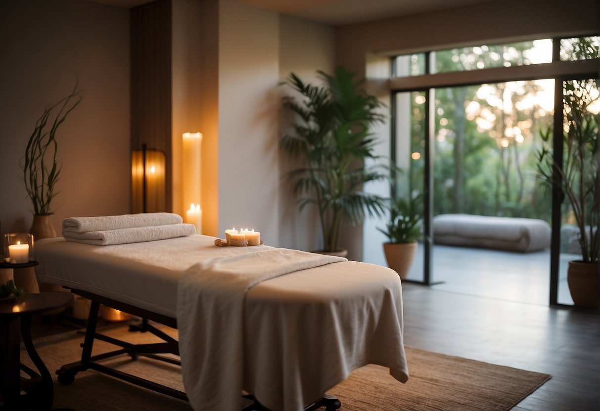 A serene spa room with soft lighting, a comfortable massage table, and soothing music playing in the background