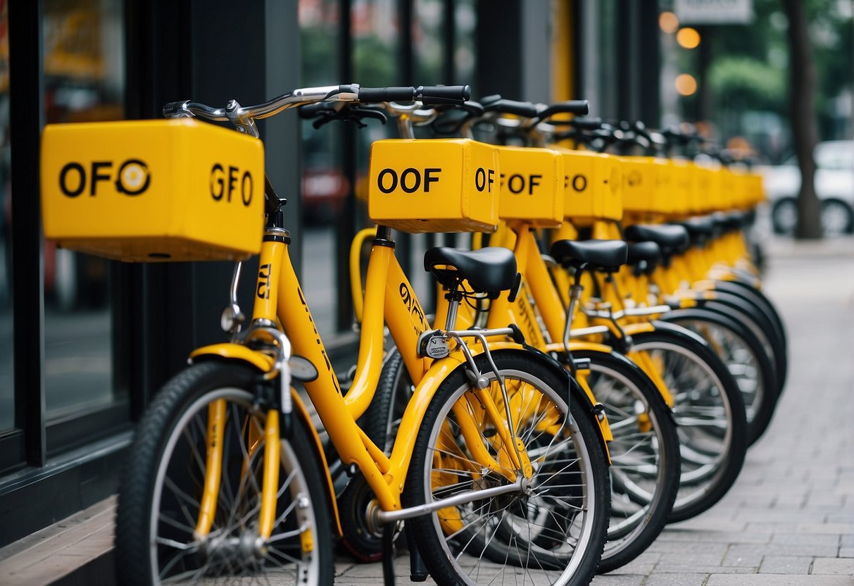 Brightly colored bicycles lined up in a row outside a shop, with a sign promoting ofo in Singapore