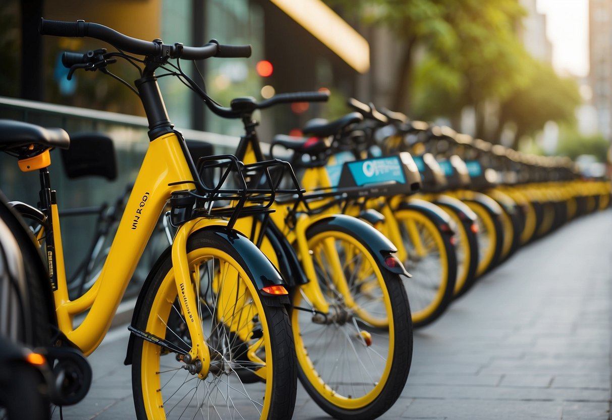 A colorful array of bikes lined up in front of a vibrant cityscape, with promotional banners and signs showcasing the latest bike-sharing deals from ofo in Singapore