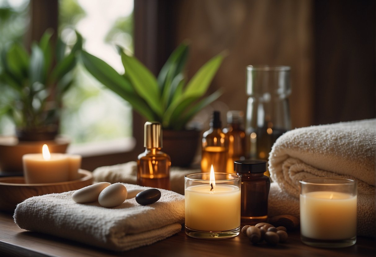 A serene spa room with soft lighting and soothing music, featuring ancient remedy oils and massage tools for holistic well-being