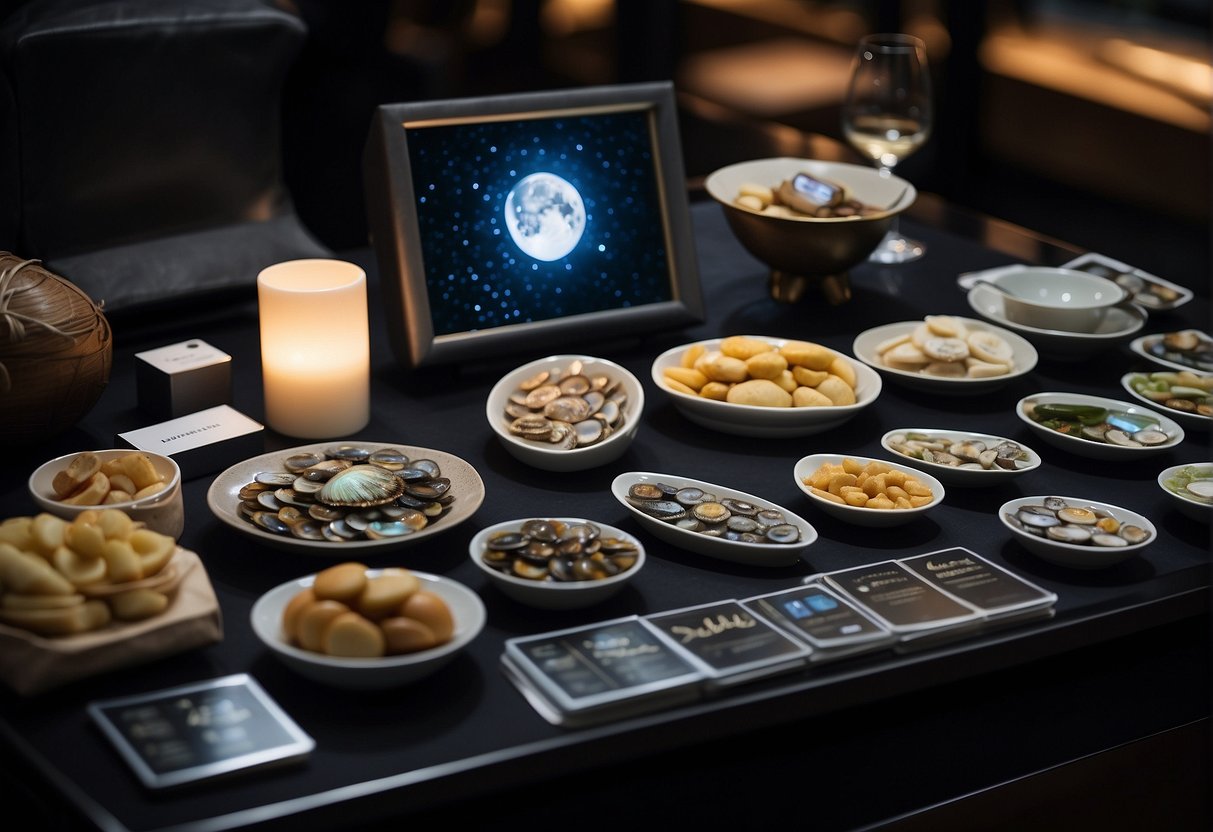 A table displaying various abalone products with promotional details under a new moon in Singapore