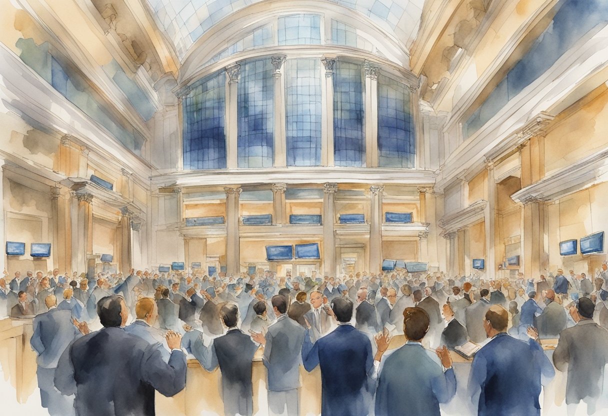 A bustling stock exchange floor with traders gesturing and shouting, screens displaying fluctuating numbers, and a sense of urgency in the air