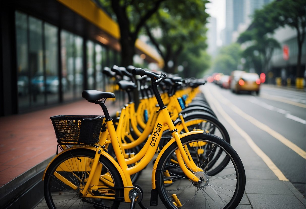 Brightly colored bikes lined up neatly in a row, with a backdrop of a bustling city street. A prominent sign advertises "Quality and Convenience in Bike-Sharing" for ofo promotions in Singapore