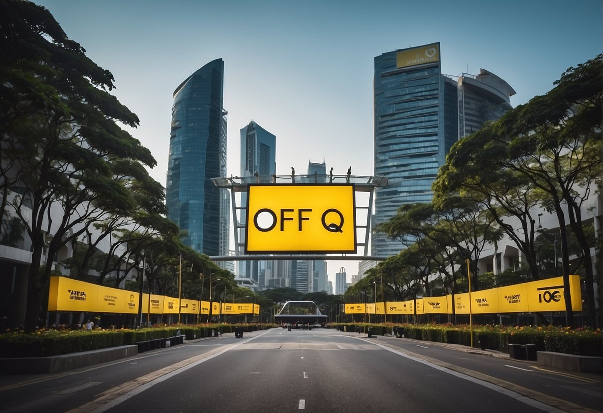 A colorful display of FAQ banners with the ofo logo, surrounded by promotional materials and Singapore landmarks