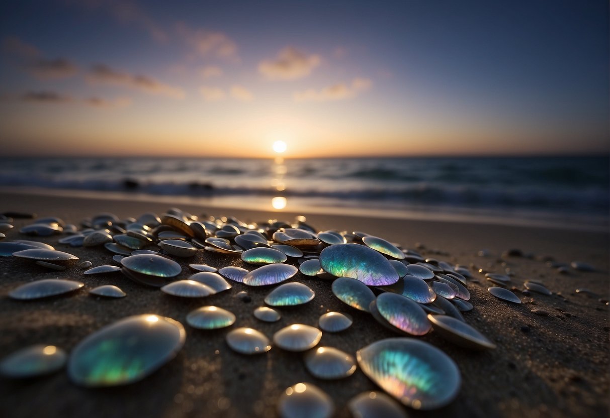 A glowing new moon shines over a tranquil sea, with shimmering abalone shells scattered along the sandy shore