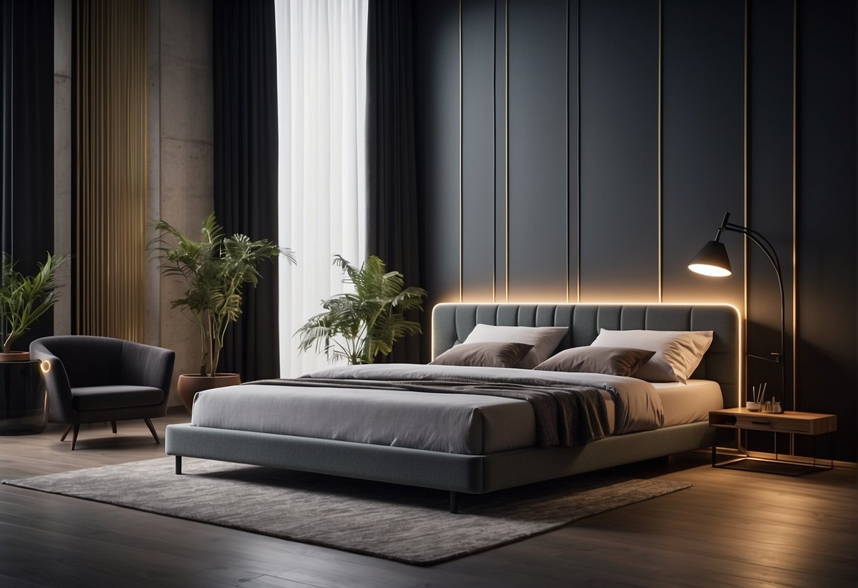 A bed frame promotion in Singapore: A sleek, modern bed frame displayed in a showroom with bright lighting and a minimalist aesthetic