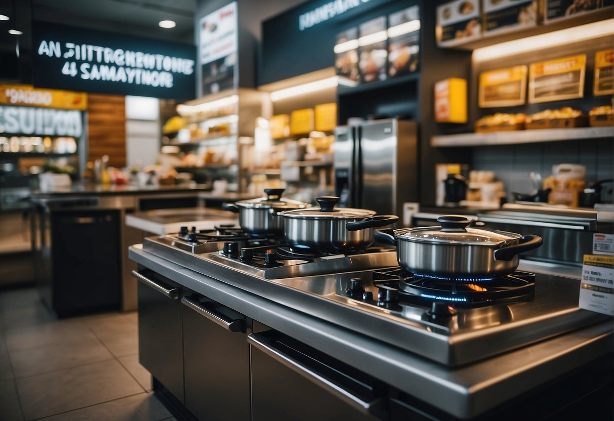 An induction cooker surrounded by promotional banners and signs in a bustling Singaporean kitchen appliance store