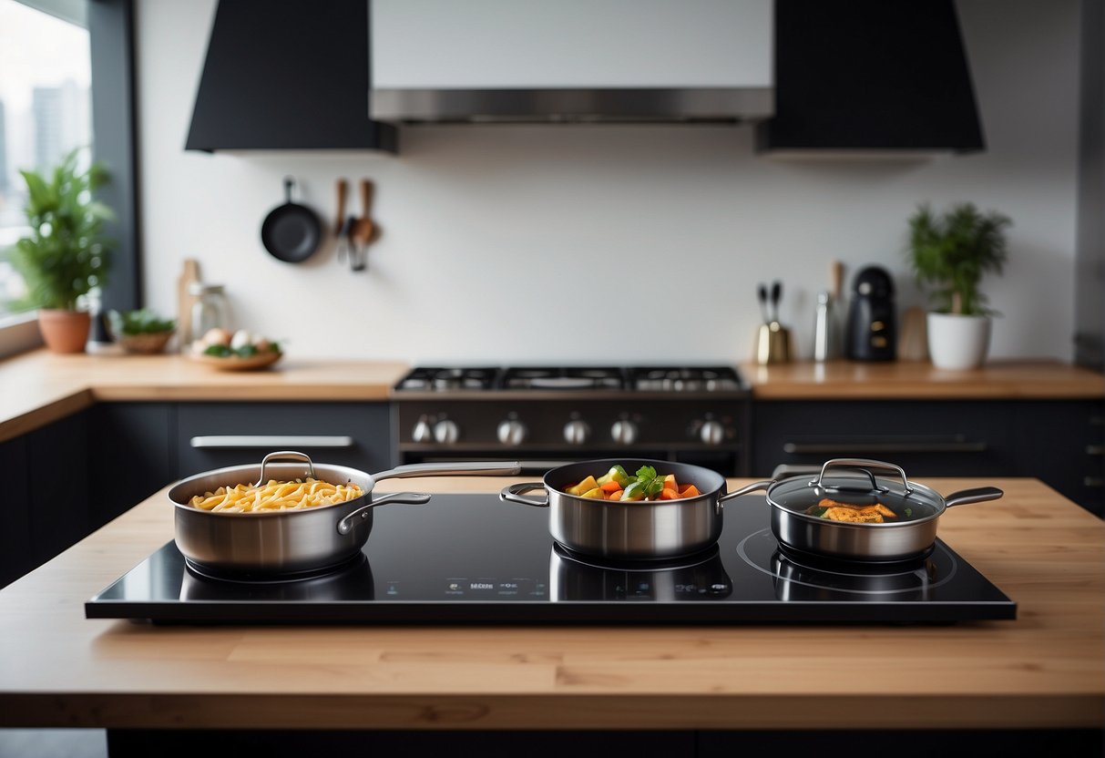 A sleek induction hob surrounded by promotional signs and discounts in a modern kitchen setting