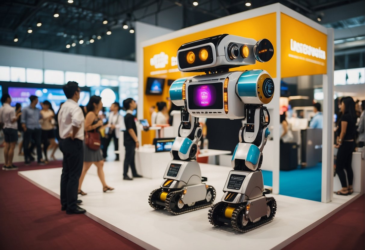 A robot display booth at a bustling Singapore event, with colorful banners, interactive demos, and enthusiastic staff engaging with visitors