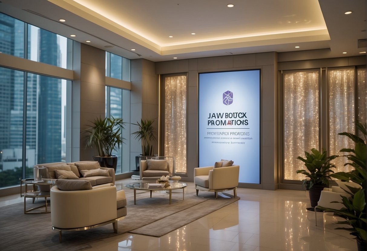 A banner displaying "Jaw Botox Promotions Singapore" with a prominent logo and attractive graphics, surrounded by a clean and modern clinic setting