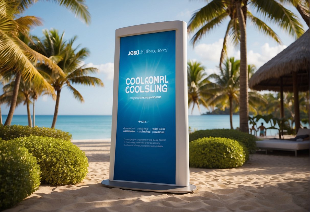 A banner displaying "CoolSculpting Promotions Singapore" with a backdrop of a tropical beach and palm trees