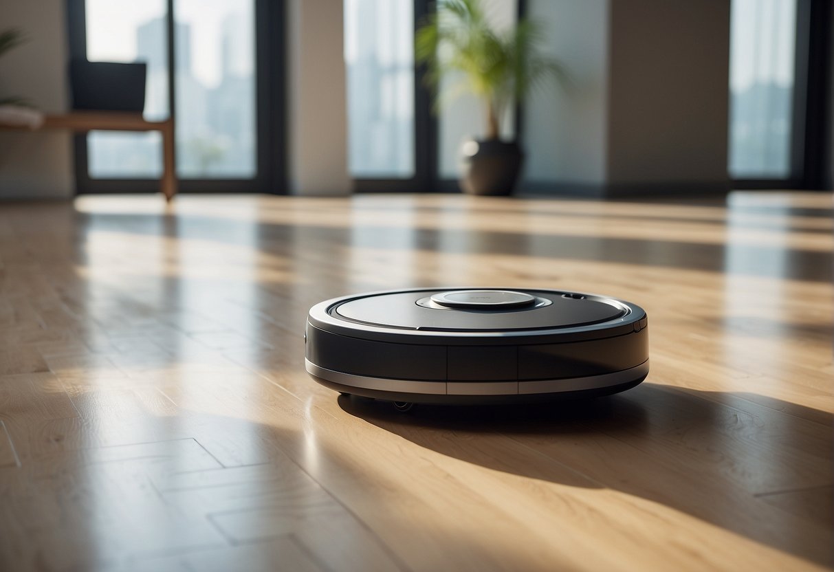 A sleek, futuristic robot vacuum glides across a pristine floor, with the iconic iRobot logo prominently displayed in the background