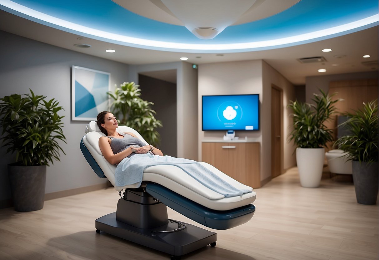 A person receiving a CoolSculpting treatment, surrounded by a calm and modern clinic setting with advanced technology and comfortable amenities