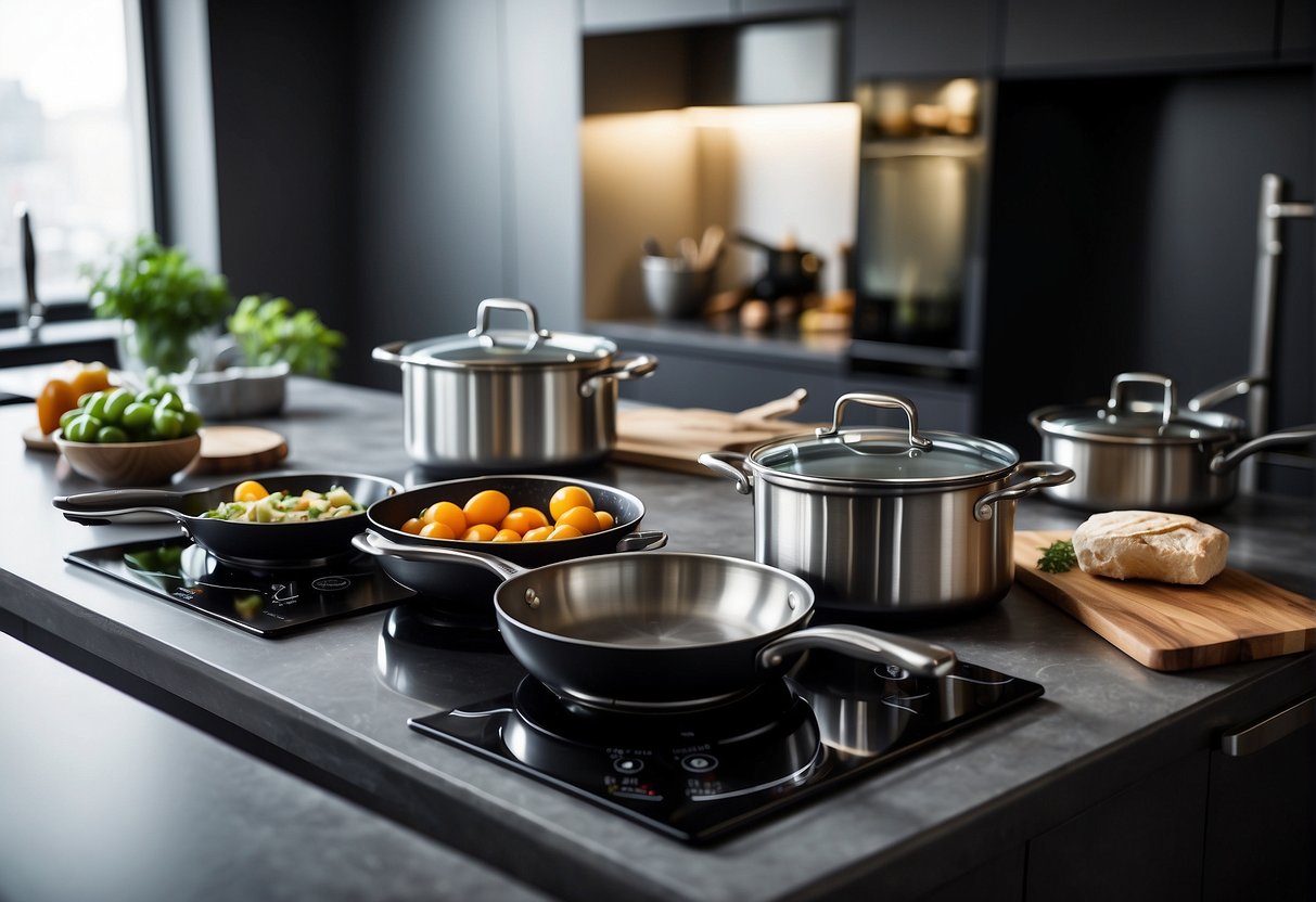 A modern kitchen with a sleek induction cooker, pots and pans, and various cooking utensils neatly arranged on the countertop