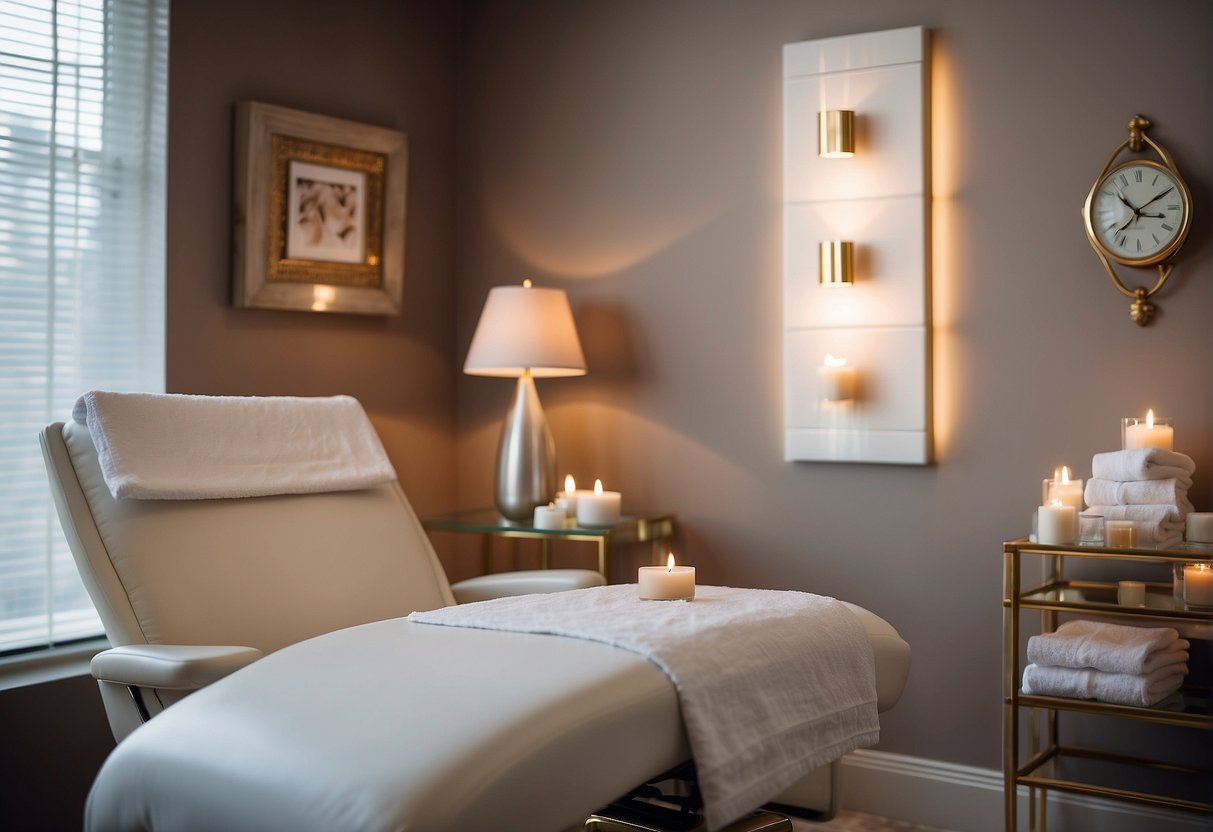 A serene spa room with soft lighting, a comfortable treatment chair, and a table displaying Botox products and facial aesthetic brochures