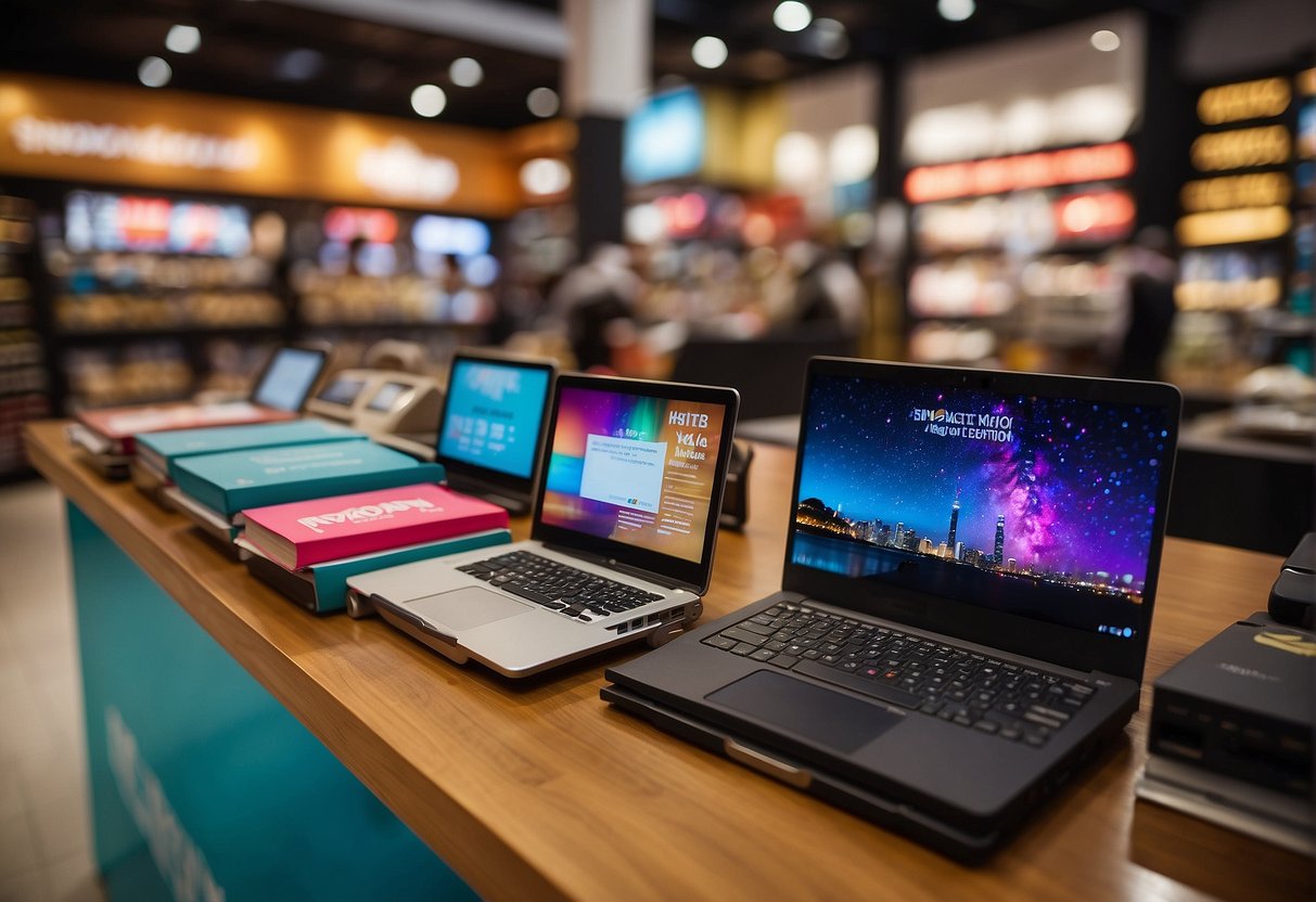 A colorful notebook display with promotional signs in a bustling Singapore store