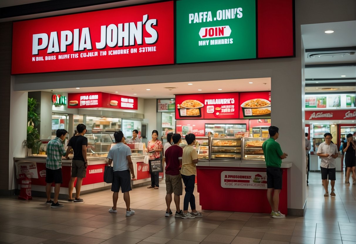 A bustling Papa John's store in Singapore with colorful promotional banners and a queue of customers eagerly waiting to order