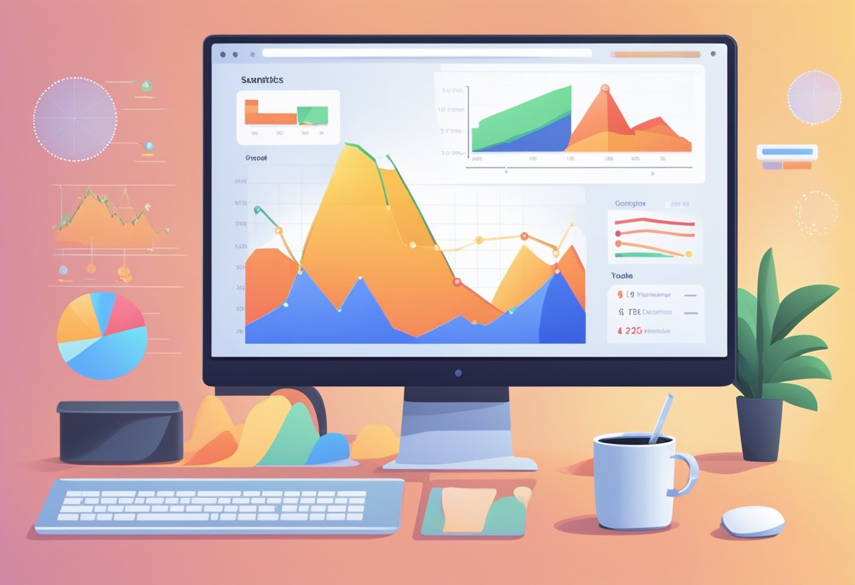 A computer screen displays YouTube analytics graphs and charts, with a mouse cursor adjusting settings