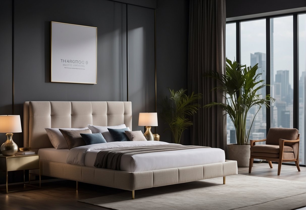 A sleek bed frame with modern design stands in a well-lit showroom, surrounded by promotional banners for Exclusive 2024 Mattress Promotions in Singapore