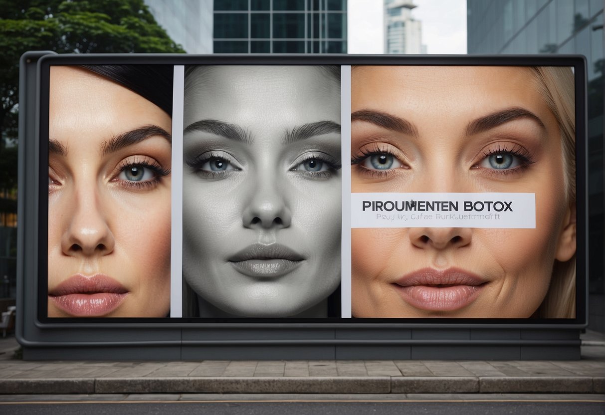 A billboard featuring "Prominent Botox Applications" in bold letters, with images of jawline transformations and "jaw botox promotions" in Singapore
