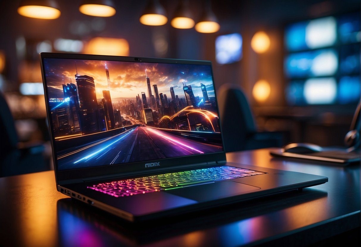 A sleek gaming laptop sits on a desk with promotional banners in the background. Bright lights and bold graphics add to the excitement of the scene