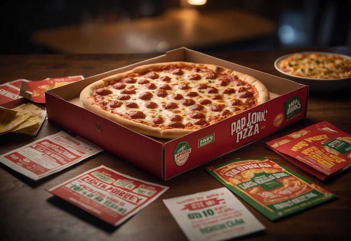 A Papa John's pizza box surrounded by promotional flyers and discount coupons, with the iconic logo prominently displayed