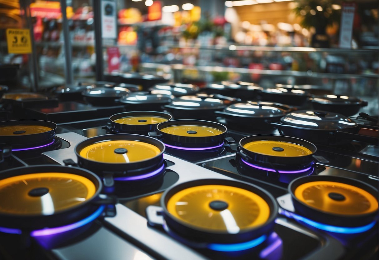 A colorful display of induction cookers with promotional signs in a Singaporean appliance store