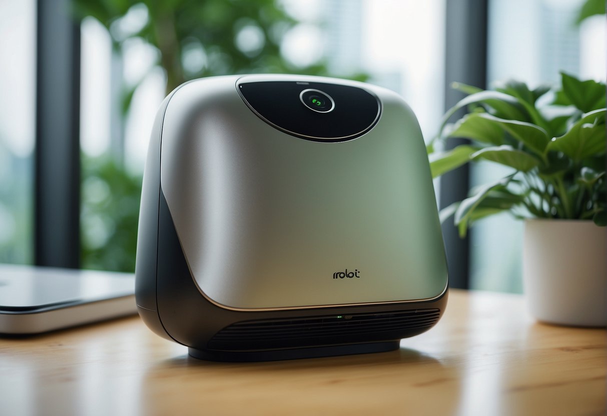 A sleek irobot purifier sits on a modern Singaporean office desk, surrounded by clean air and greenery